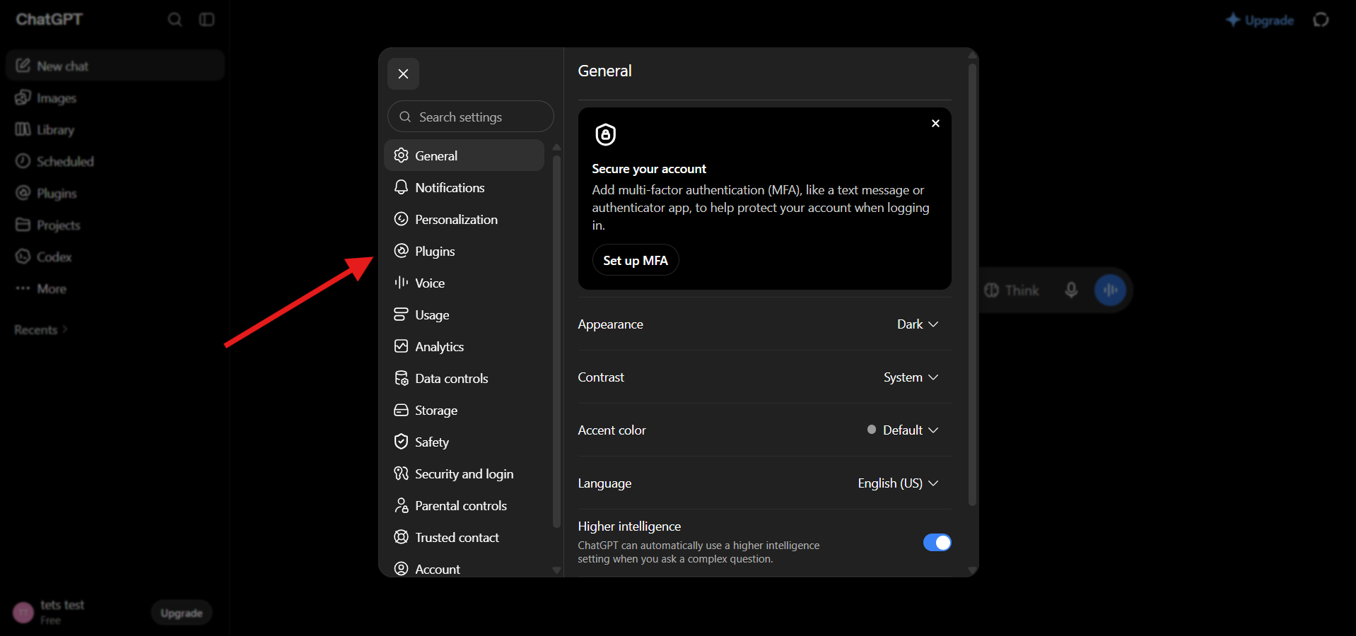 ChatGPT settings with the Plugins entry highlighted in the sidebar