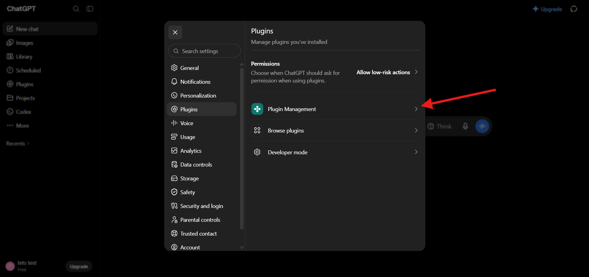 The ChatGPT Plugins settings pane showing Plugin Management, Browse plugins and Developer mode