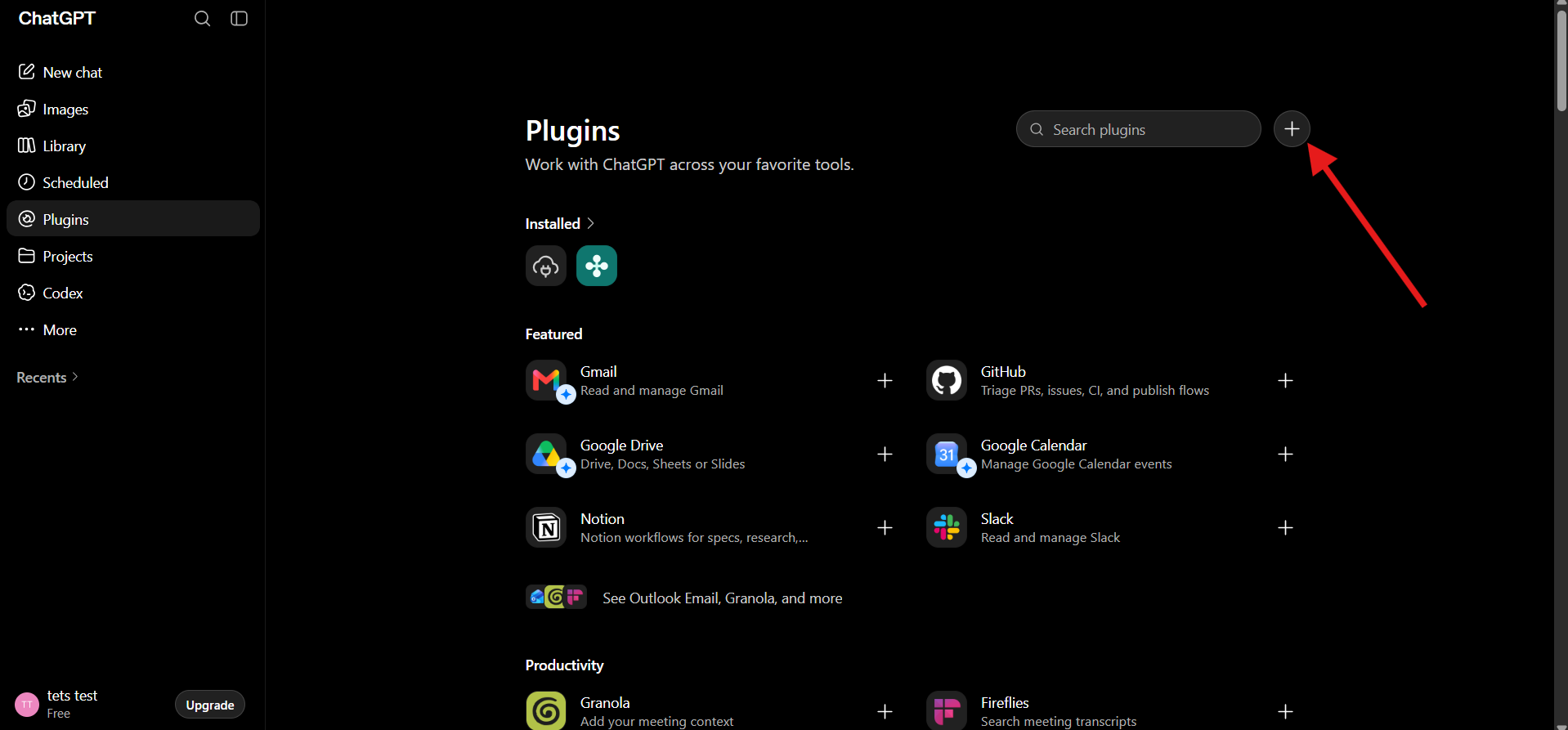 The ChatGPT Plugins directory with the add button highlighted