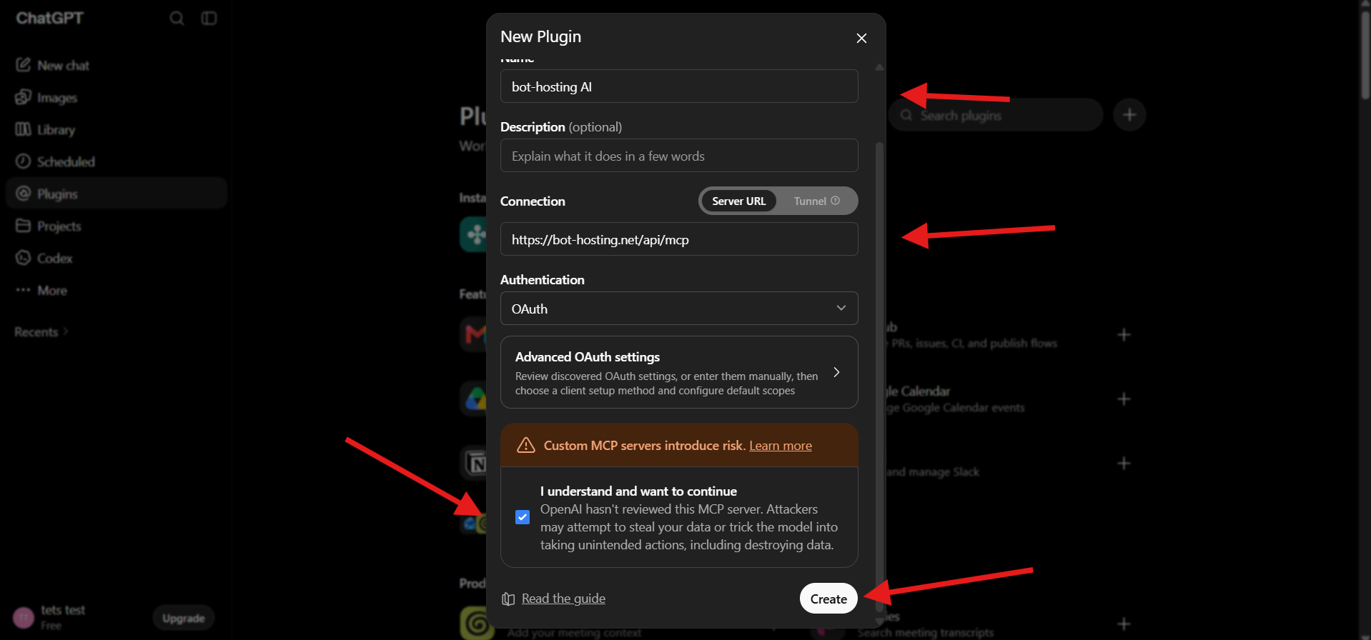 The New Plugin dialog with the Bot-Hosting MCP URL and OAuth authentication selected