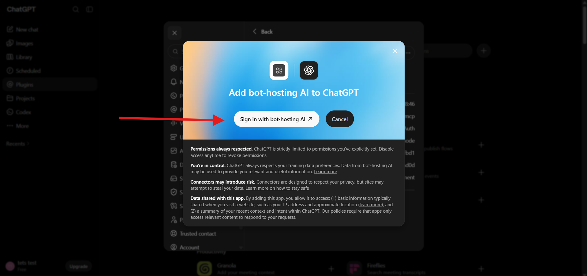 The ChatGPT prompt to sign in with the bot-hosting AI plugin