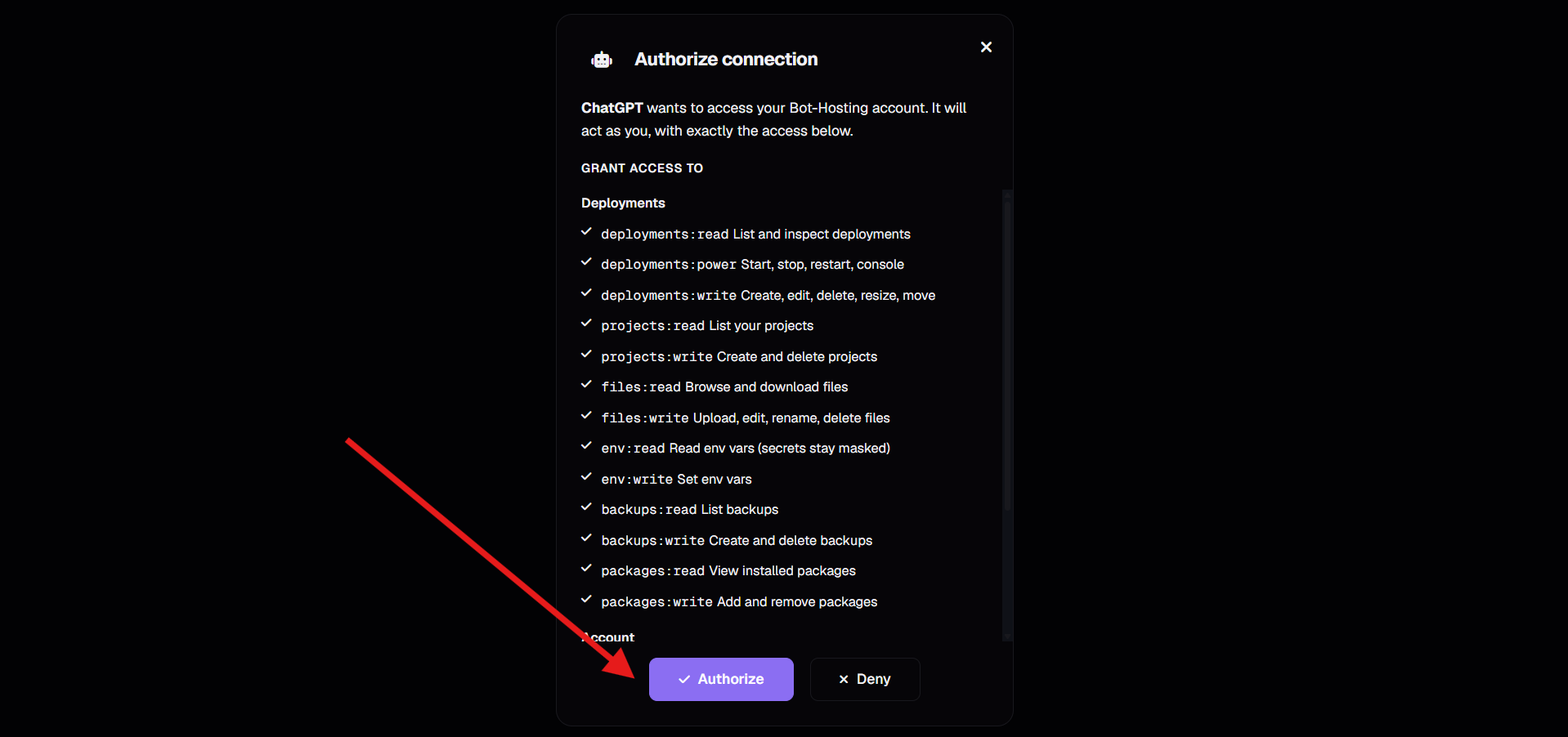 The Bot-Hosting authorize connection screen listing every requested OAuth scope