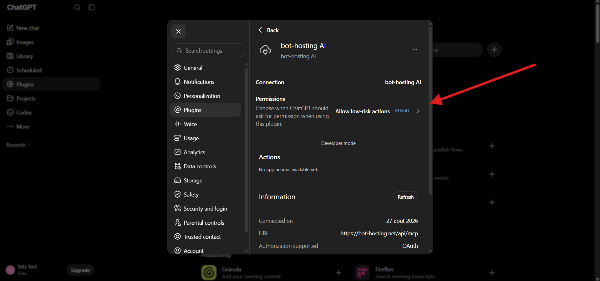 The connected bot-hosting AI plugin page in ChatGPT settings