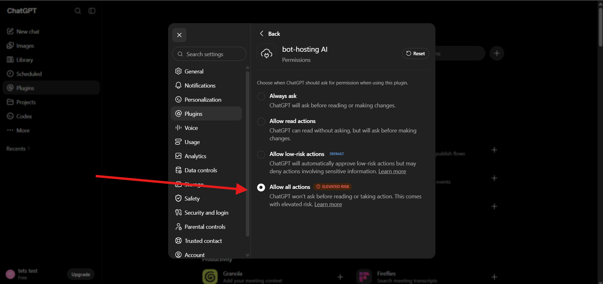 The ChatGPT permission modes for the bot-hosting AI plugin
