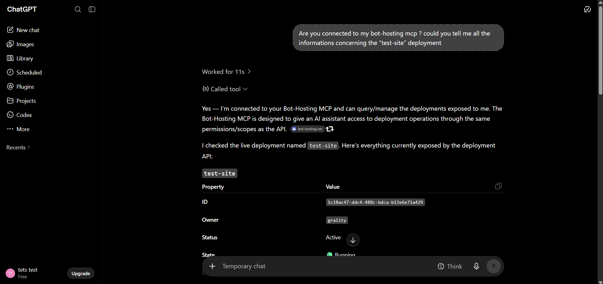 ChatGPT answering with live deployment data pulled from the Bot-Hosting MCP server