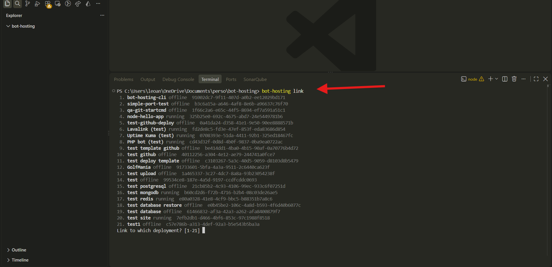 bh link listing every deployment in a VS Code terminal and asking which one to link