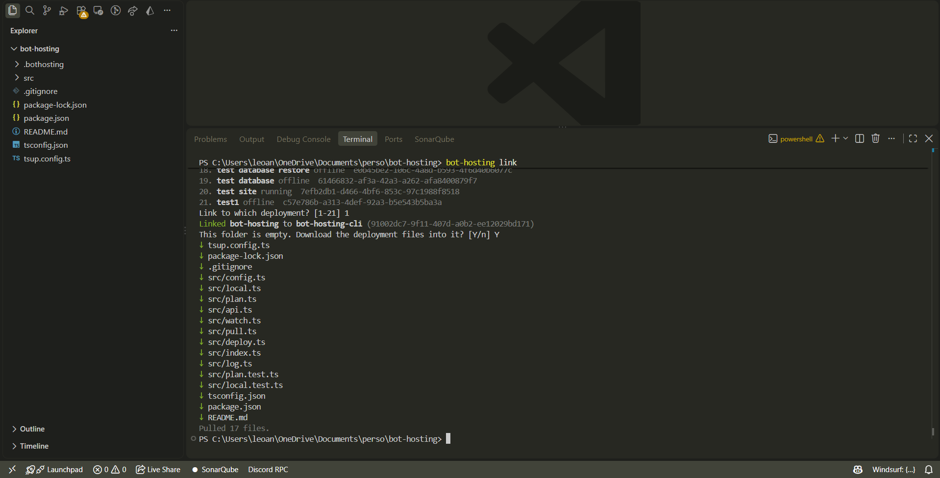 Linking an empty folder, answering Y, and the deployment files being downloaded