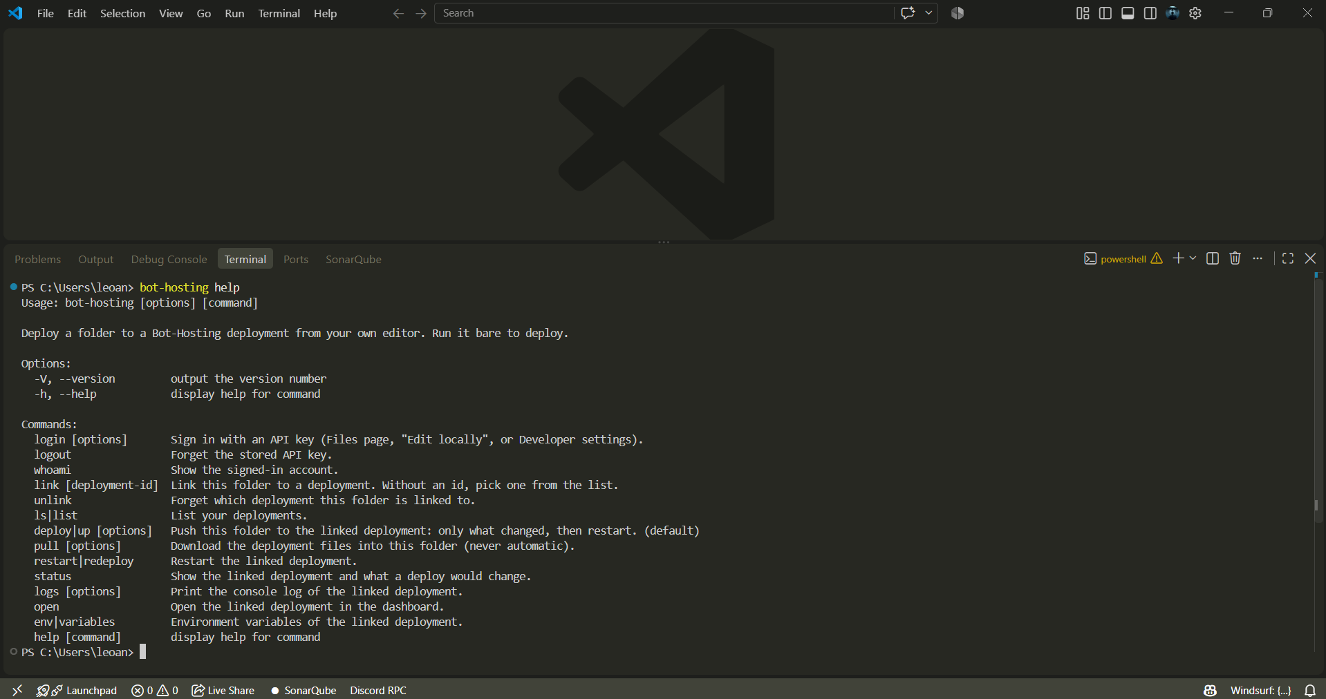The output of bh help listing every command
